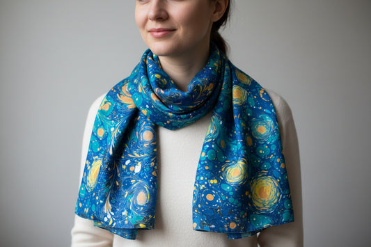 Starry Night Silk Scarf - Hand Made with Water Marbling Technique